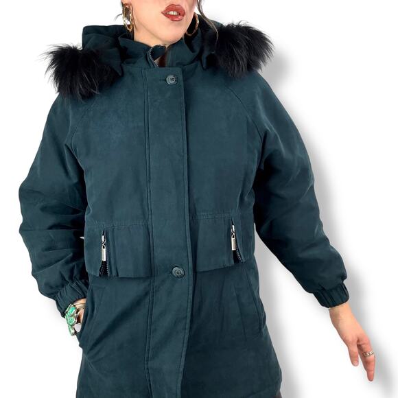 Vintage 90's deep cyan microsuede water repellant coat with fox fur trim hood - Picture 16 of 16